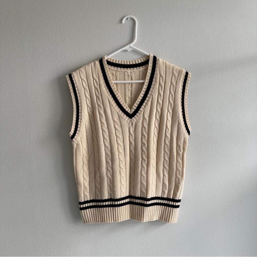 Cream Cable Knit V-Neck Sweater Vest with Black Accents